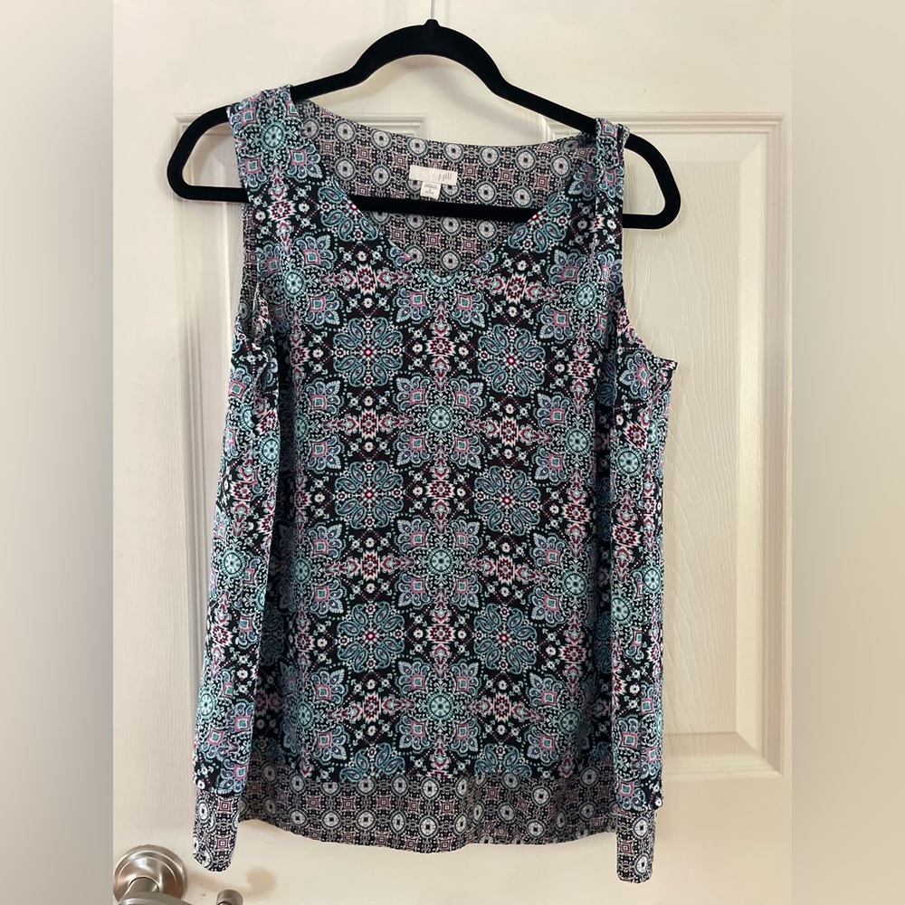 J. Jill Black Tank Top with Teal and Pink Medallion Print